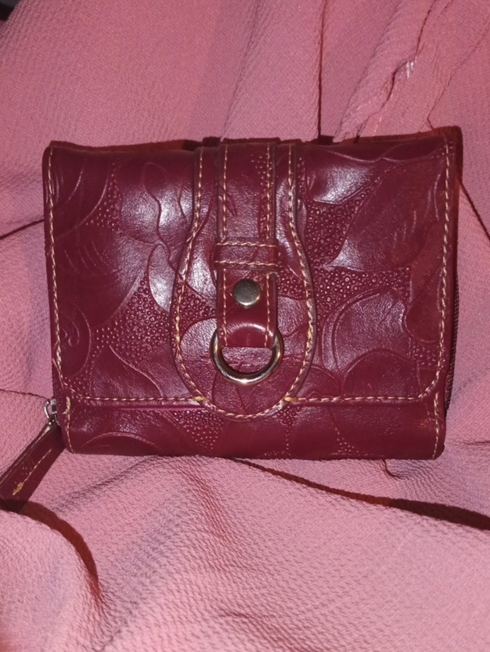 Embossed Leather Compact Wallet in Deep Burgundy
